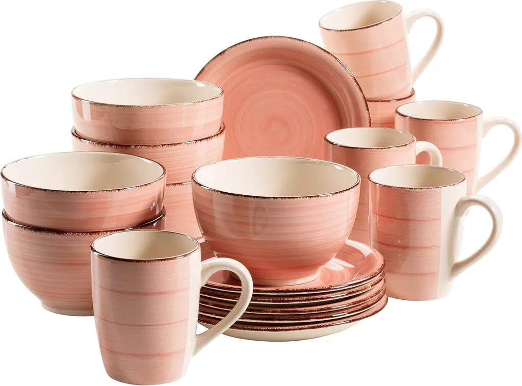Service de table complet 18 pièces rose pastel pour 6 personnes en grès