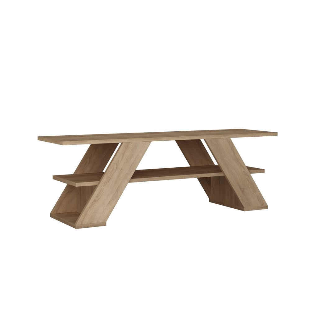 A wooden TV stand with a modern, angular design, presented against a white background.