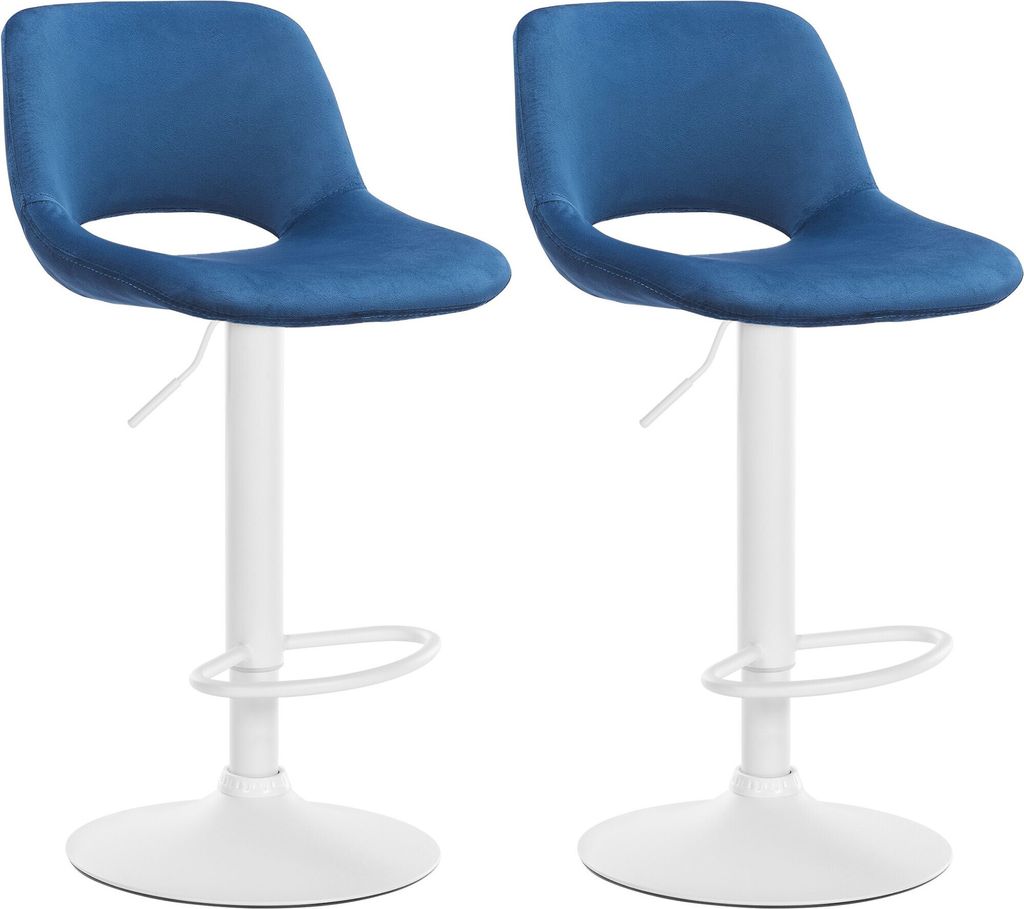 DELUKE Barhocker 2er Set JAKSON - Blau, Samt, Weiß | Barhocker mit Lehne Barstuhl Tresenhocker Tresenstuhl Kneipenhocker Kneipenstuhl