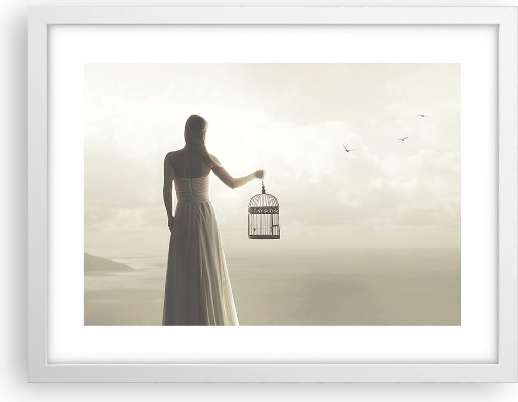 Gerahmtes Poster - Weißer Rahmen - Frau Käfig Vogel - 40x30 cm - Wand Bild - Wanddeko - Wandbilder - Kunstposter - Wandposter - Bilderrahmen - Bi...