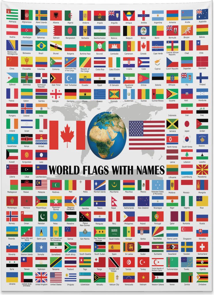 Abakuhaus Flaggen Wandteppich, Flaggen der Welt mit Namen aus Weiches Mikrofaser Stoff Kein Verblassen Klare Farben Waschbar, 110 x 150 cm, Mehrfarbig
