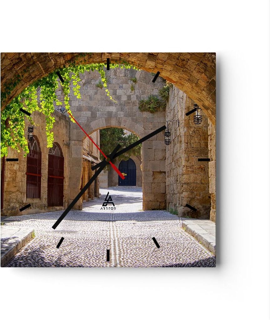 Wanduhr - Quadrat - Glasuhr - Straße Geschichte Architektur Denkmal - 40x40cm - Schleichendes Uhrwerk - Lautlos - zum Aufhängen bereit - Dekorati...