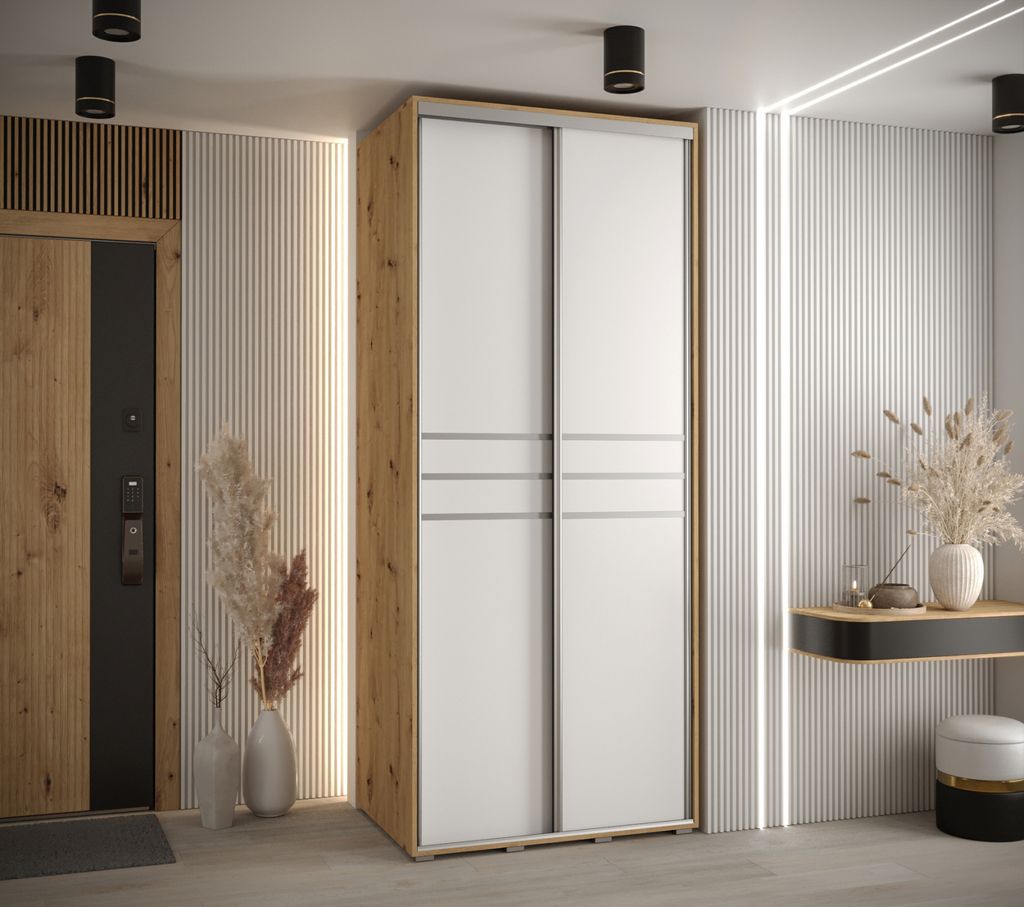 Kleiderschrank YVONA 10 - 110/60 cm, Eiche handwerklich / weiß / silber