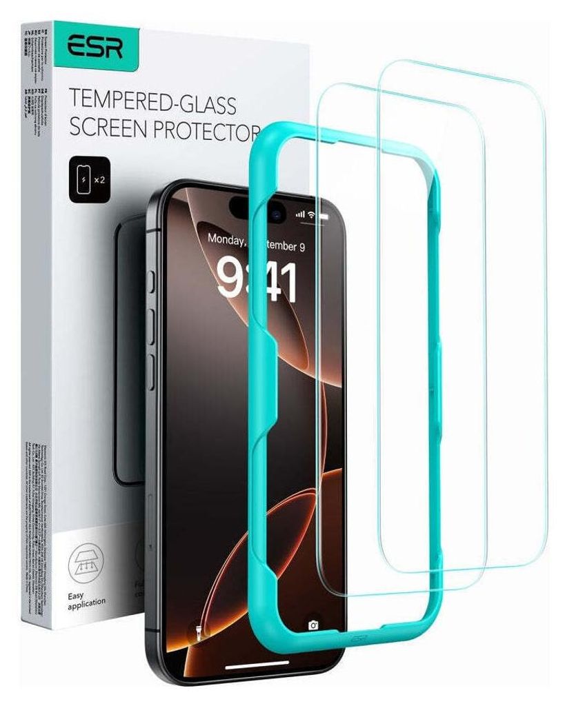 A product shot of an iPhone screen protector kit, including the packaging, a phone with a screen protector applied, and two additional screen protectors.