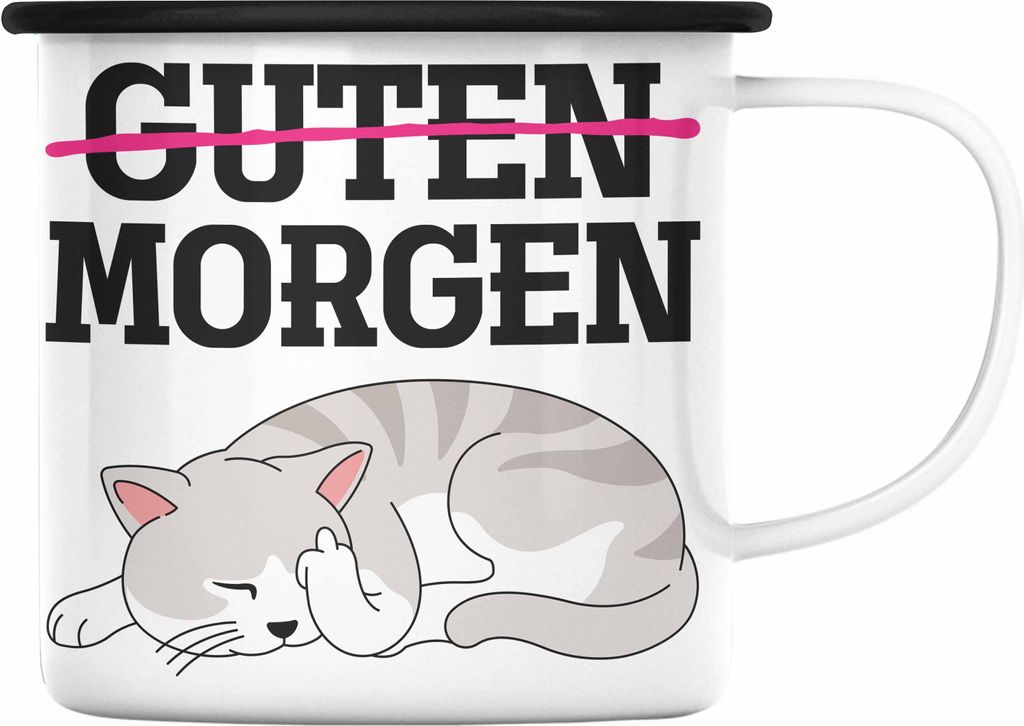 Trendation - Guten Morgen Emaille Tassen Emaille Tasse Becher Emaille Emaille Tasse Katzen Lustig Spruch Geschenk Frauen Männer Morgenmuffel (Schw...