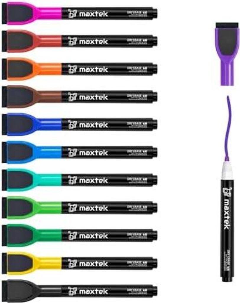 Magnetische Whiteboard Marker, 12 Farben Stifte abwischbar mit Radiergummi, Feinspitze 1-2 mm Linienbreite, Folienstifte für Zuhause, Schule & Bü...