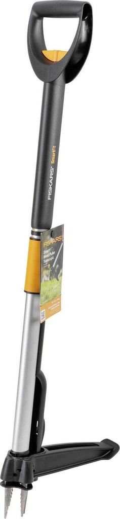 A Fiskars weed puller tool against a white background.