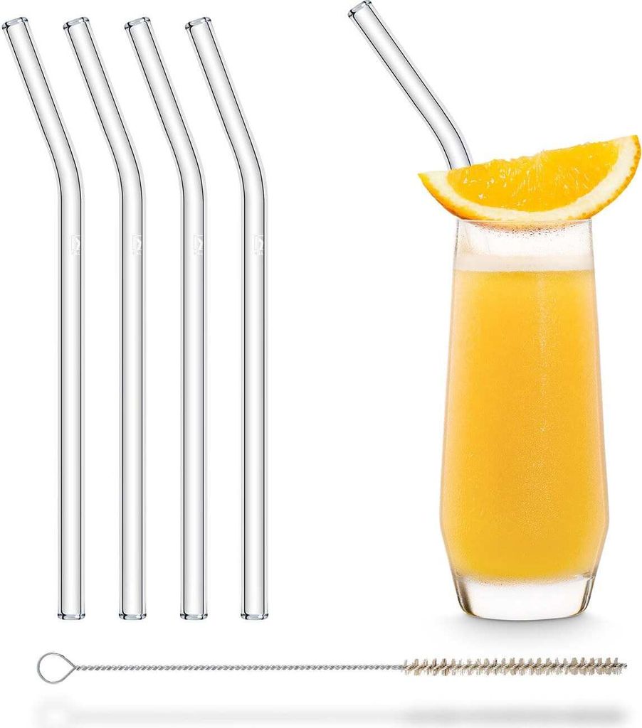HALM Glasstrohhalme Wiederverwendbar Trinkhalm - 4 Stück gebogen 20 cm + plastikfreie Reinigungsbürste - Spülmaschinenfest - Nachhaltig - Glastr...