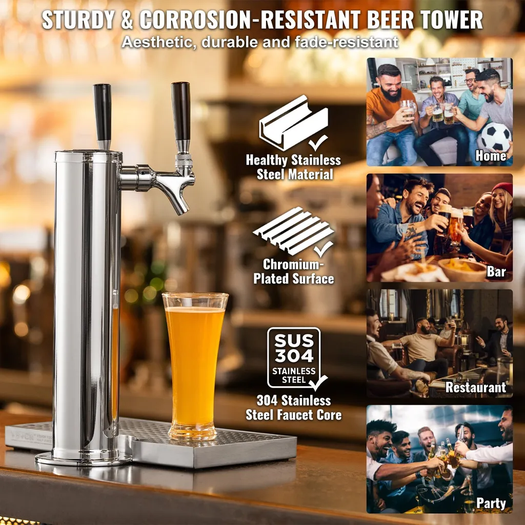 Torre di spillatura della birra con due rubinetti, torre di spillatura della birra in acciaio inox, kit di torre di spillatura con tubi preassemblati e rubinetti a chiusura automatica per feste, bar, pub e ristoranti, ecc. - 5