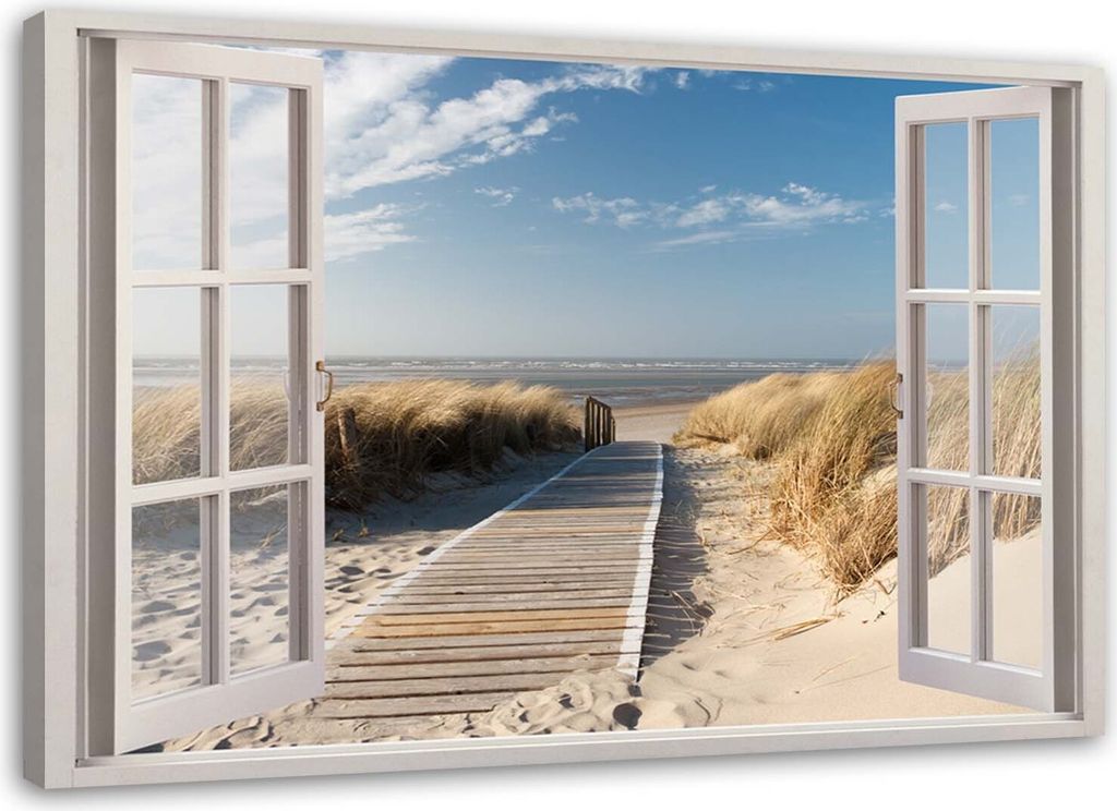 Leinwandbild fensterleiter zum strand 120x80 cm Feeby blau wandbild bereit zum aufhängen