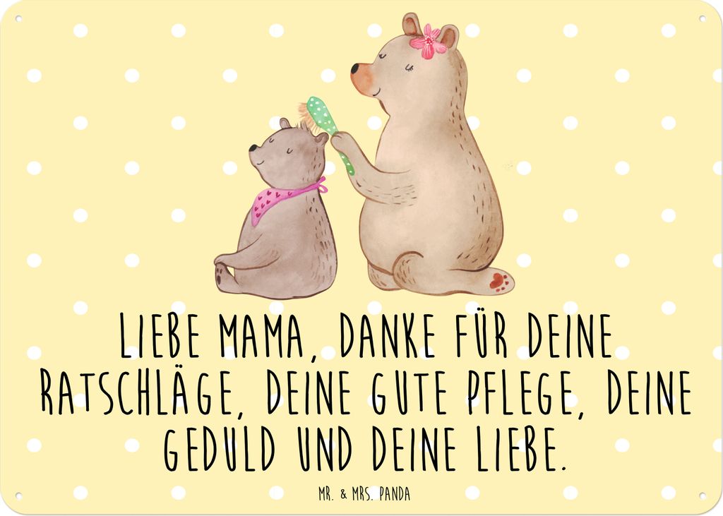 Mr. & Mrs. Panda Wandbild Bär Kind DIN A6 - Gelb Pastell - Geschenk, tafel, Mama, Blechtafel, Muttertag, Blechschild, Schild, Mom, Türschild, Bären