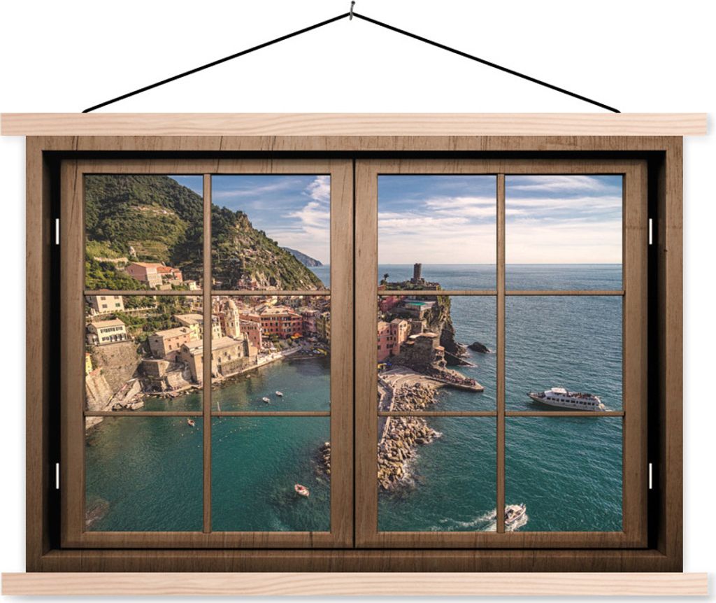 MuchoWow Textilposter Durchsichtig - Fenster - Insel 120x80 cm mit holzfarbenen Rahmen - Aufhängeset