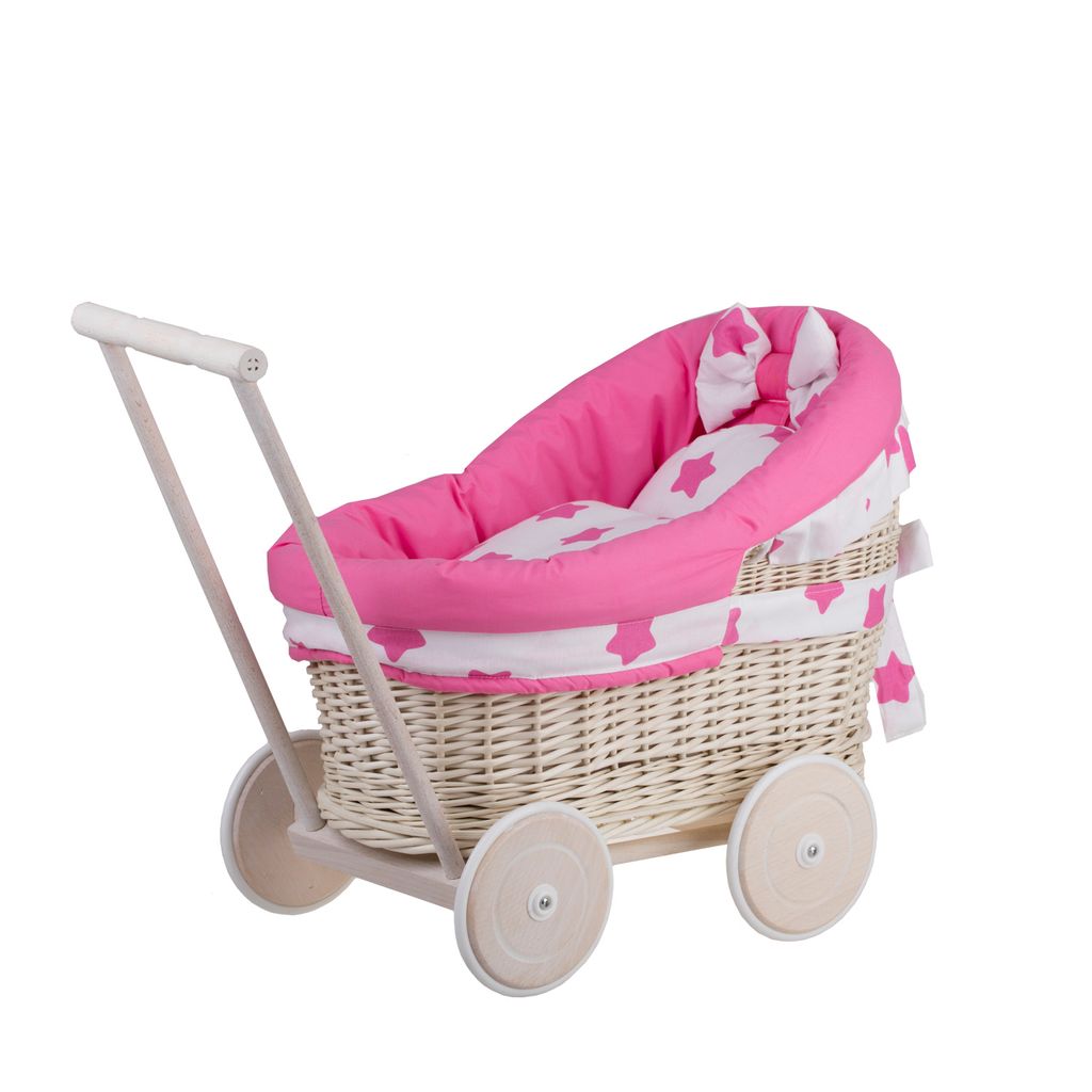 Luna Puppenwagen Und Puppenwiege Aus Weide Bordüre In Rosa Produktbild 
