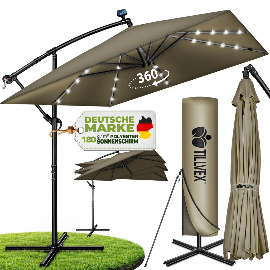 tillvex® Alu Sonnenschirm Rechteckig Ø 330 cm mit LED Solar Produktbild  KI-generiertes Bild