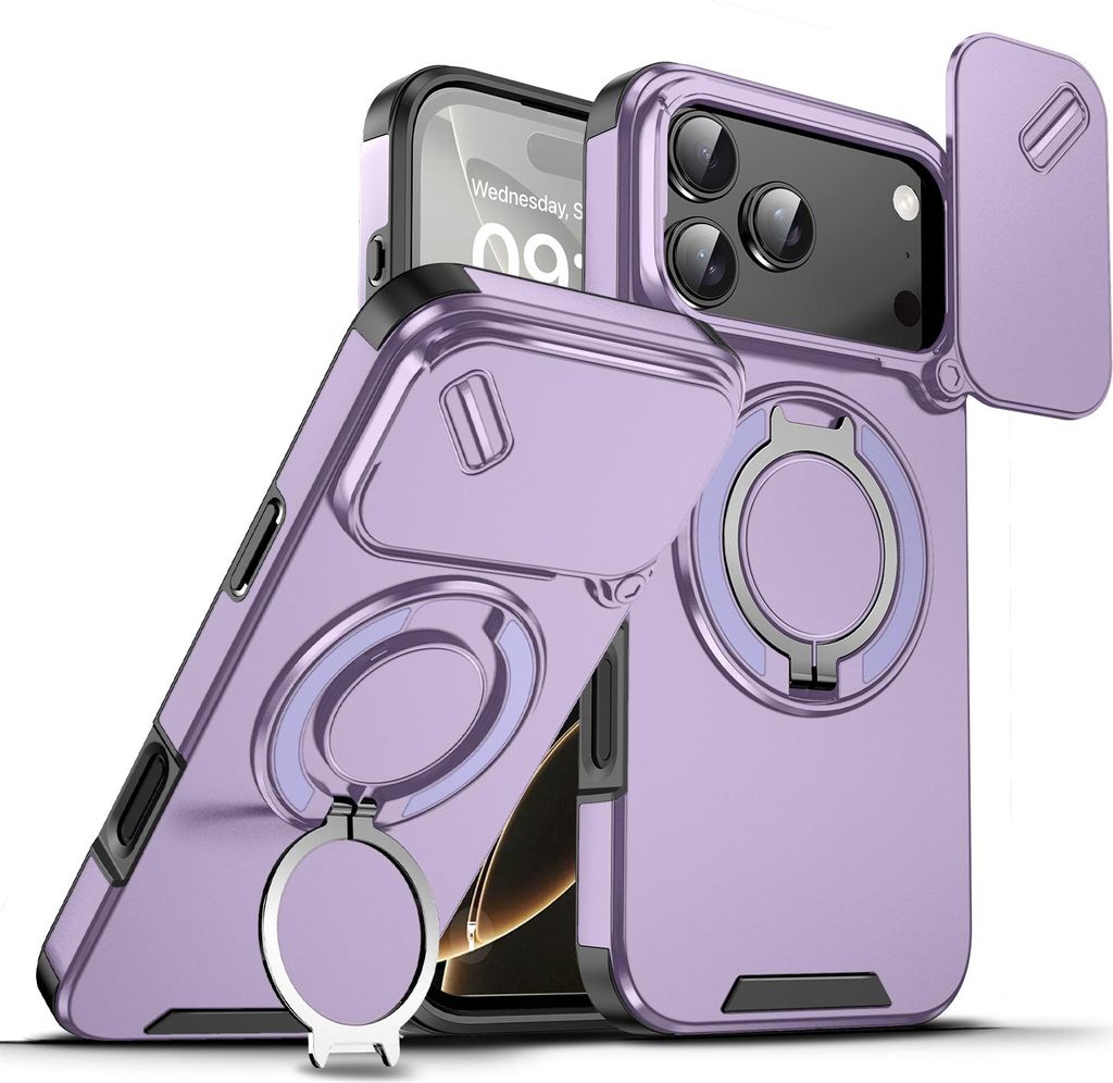 Handyhülle für iPhone 17 Pro Max Dual-Layer Stoßfest Militär Hülle mit Dia Kameraschutz und Magnetisch Ring Ständer Lila