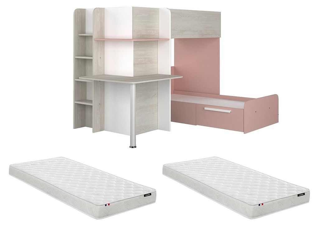 Eck-Etagenbett 2 × 90 × 190 cm - Eingebauter Schreibtisch - Grau, weiß und rosa + Matratze - SAMUEL