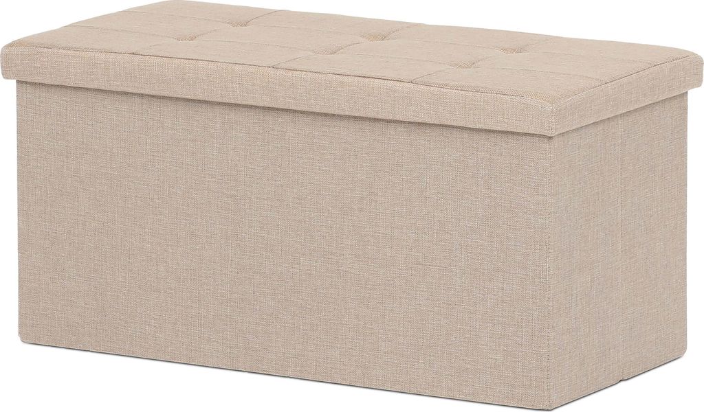 A beige storage ottoman is shown from a slightly elevated front-facing angle against a white background.