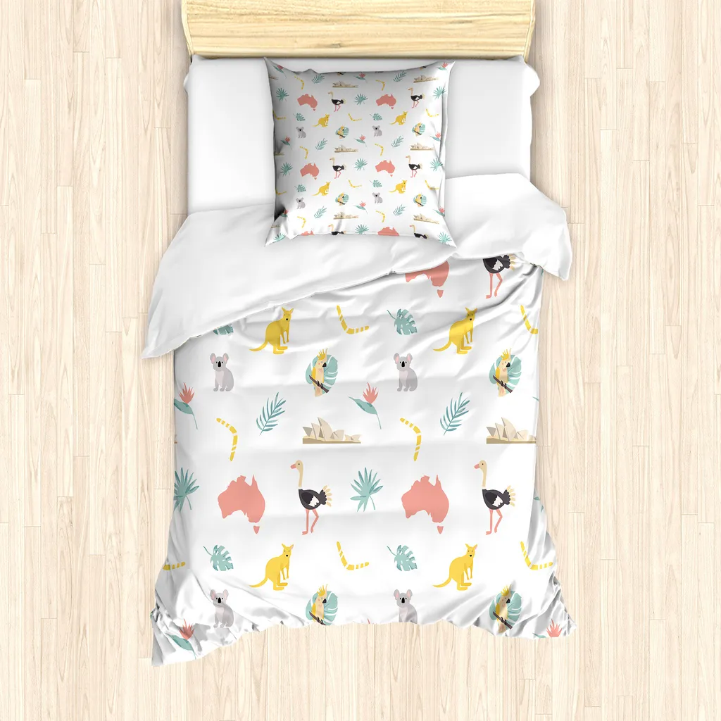 ABAKUHAUS Set copripiumino australiano per letti singoli, animali, foglie e carte, antiacaro, adatto a chi soffre di allergie, con federa, 135 cm x 200 cm - 80 x 80 cm, multicolore