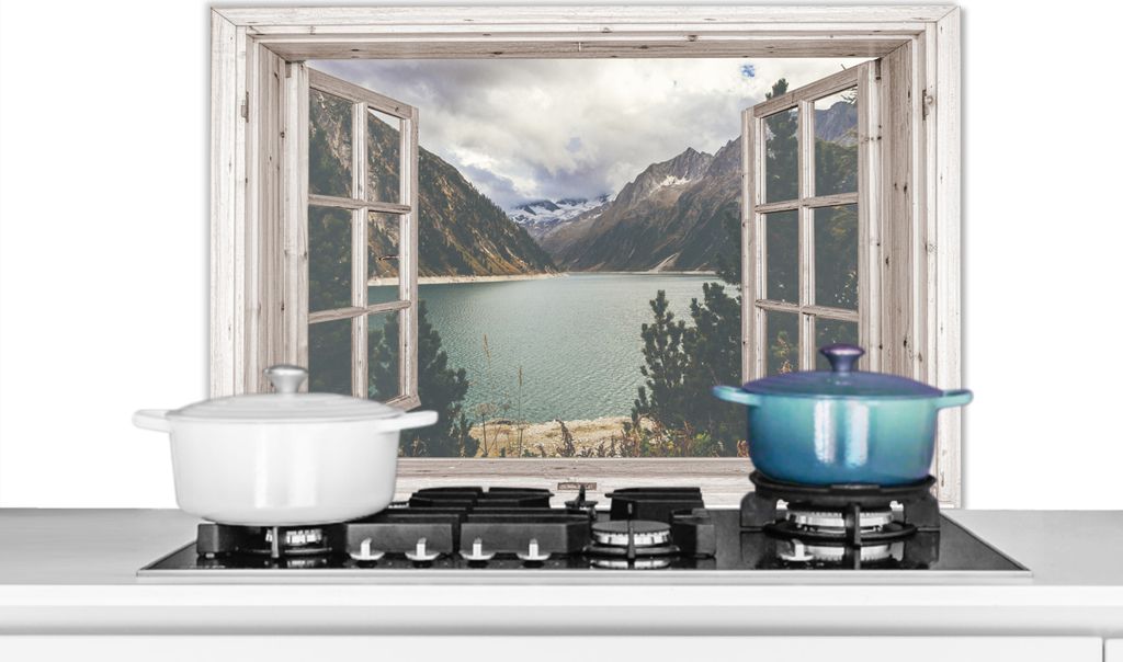 KitchenYeah Spritzschutz Küche - Küchenrückwand - Wandschutz für Herd und Spüle - Aussicht - Wasser - Berg 90x60 - Alu-Dibond (Alternative ...