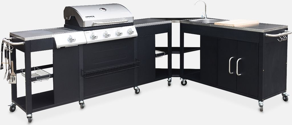 A black outdoor kitchen unit with a gas grill, sink, and storage cabinets, shown against a plain white background.