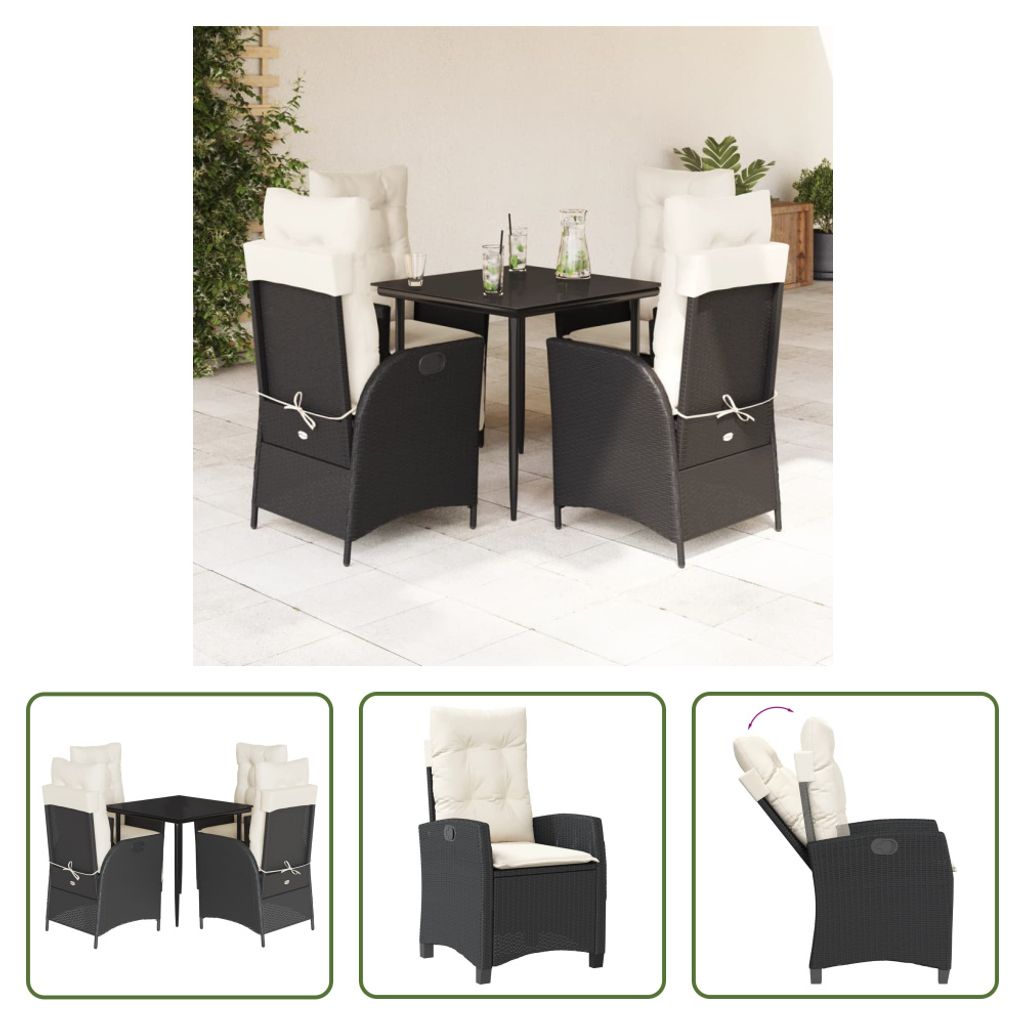 The Living Store 5-tlg. Garten-Essgruppe mit Kissen Schwarz Poly Rattan