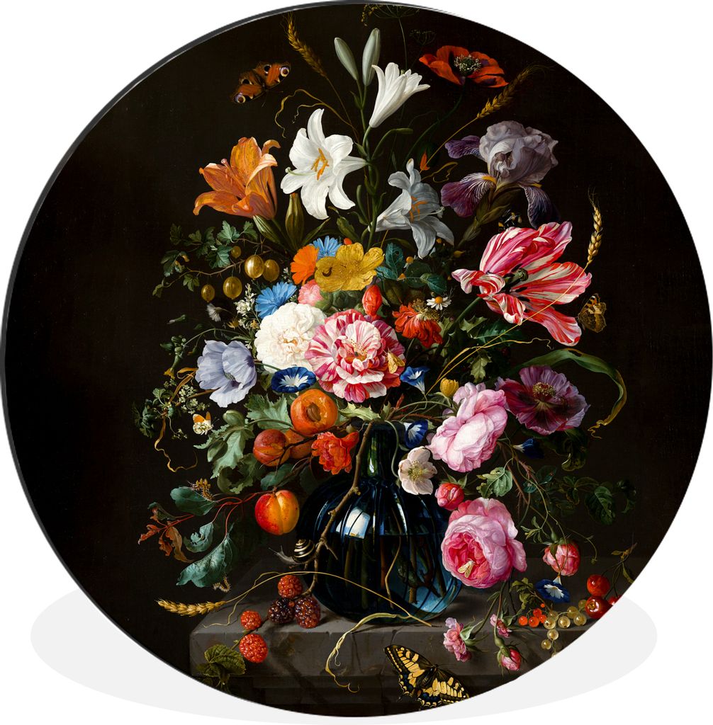 MuchoWow Aluminium Wandkreis Alte Meister - Kunst - Vase mit Blumen - Jan Davidsz de Heem Ø 30 cm Wanddeko Modern Wohnzimmer - Wand Bild - Wohnz...