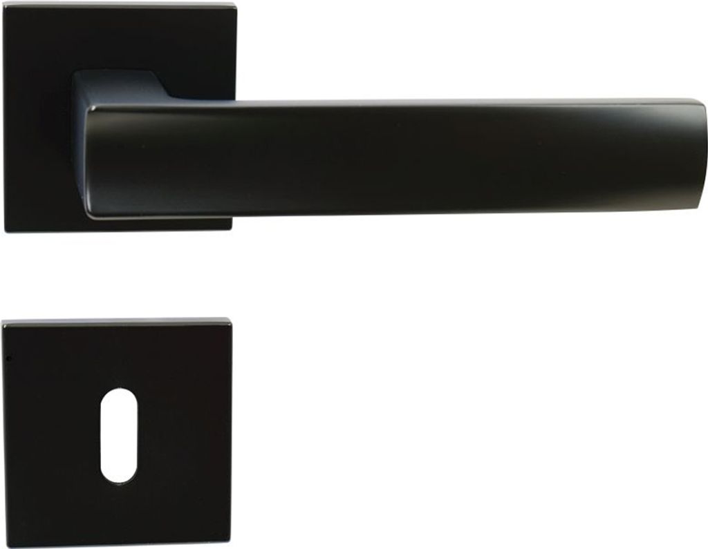 A black door handle set with a square escutcheon plate and a keyhole.