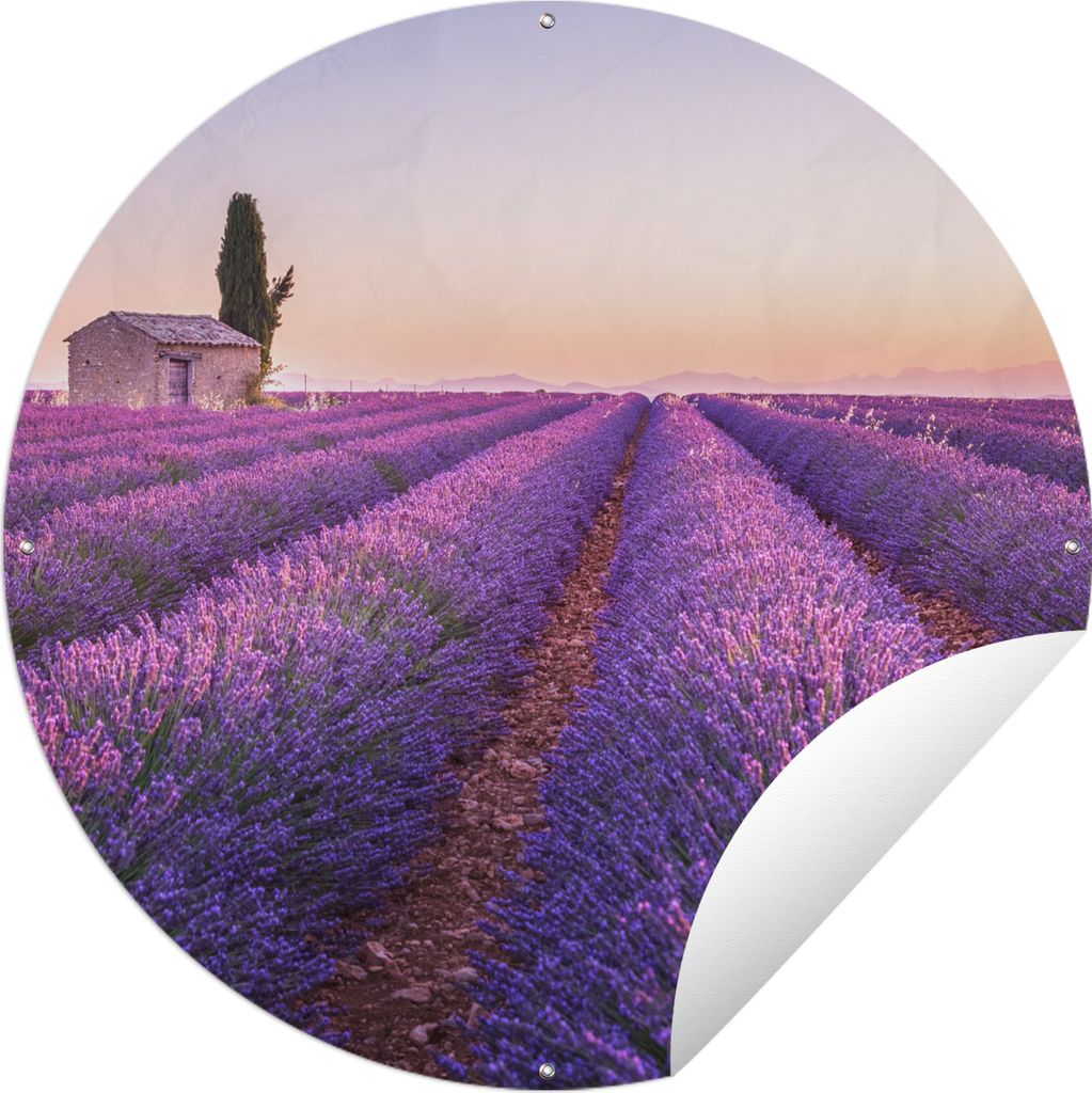 MuchoWow Gartenposter Outdoor-Poster Rund Lavendel - Sonnenuntergang - Lila - Blumen Ø 120 cm Gartendeko Rundes Poster draußen
