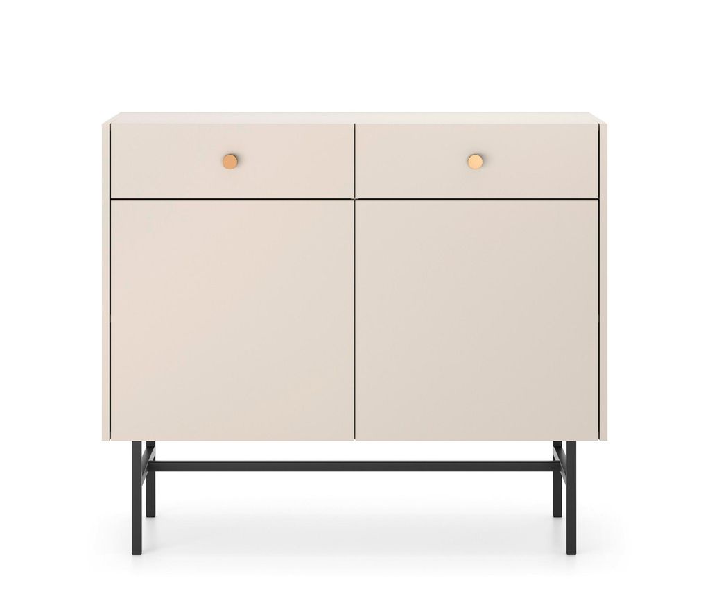 Kommode Beige 104,5 cm Diva – 2 Schubladen & 2 Schränke, goldfarbene Griffe, Metallfüße