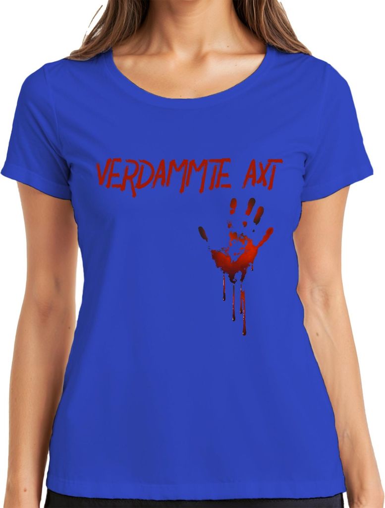 VERDAMMTE AXT Blutiger Handabdruck Horror Halloween Grusel Blut Damen T-Shirt, Blau, M