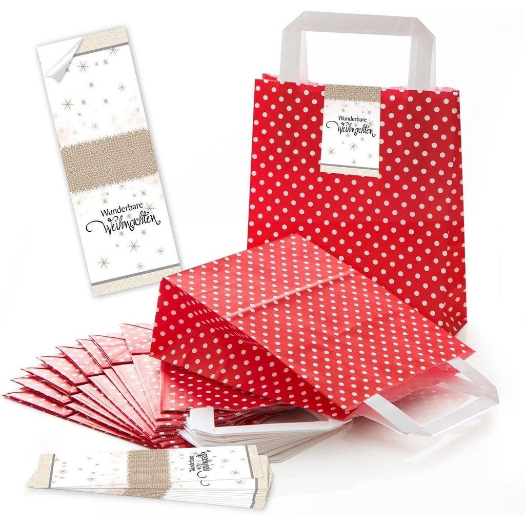 5 rot weiß gepunktete Papiertüten HEILIGER NIKOLAUS Geschenk-tüten Weihnachtstüten Boden 18 x 8 x 22 cm kleine Papiertaschen + Aufkleber rot we...