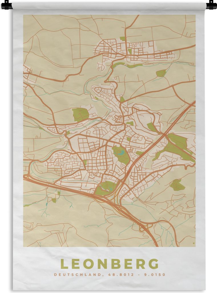 MuchoWow Wandteppich Wandbehang Karte - Jahrgang - Leonberg - Karte 90x135 cm Tapisserie Dekoration Wandtuch - Baumwolle - Wandskulptur