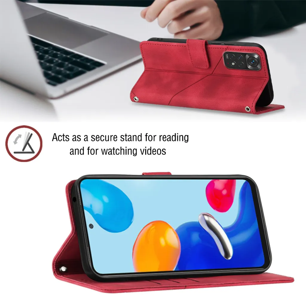 Custodia per Xiaomi Redmi Note 11S / Note 11 4G in rilievo Custodia a portafoglio in pelle Flip con funzione stand rosso - 6