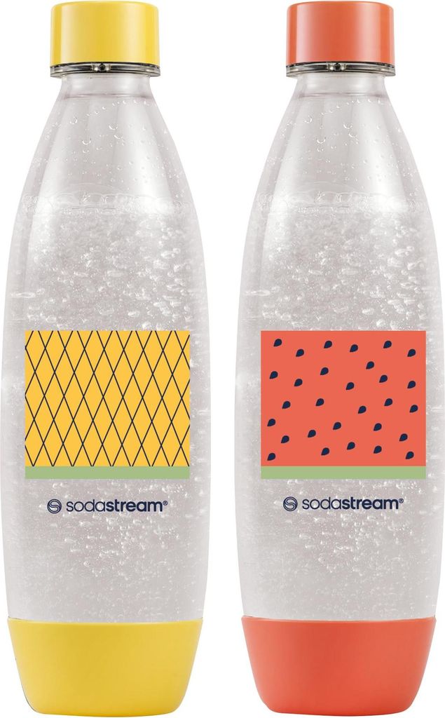 Two Sodastream bottles with fruit-themed labels.