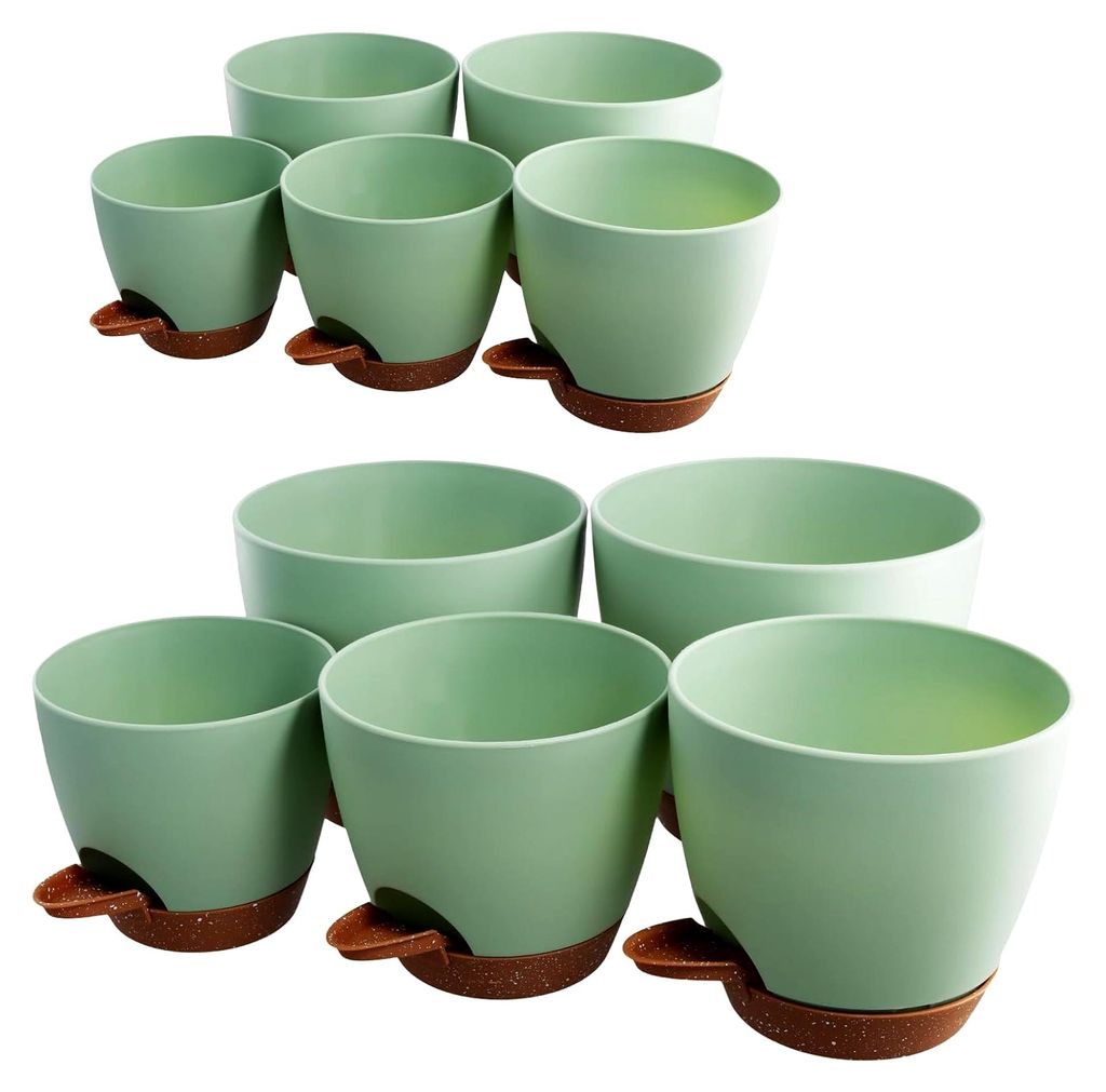 10er Set Blumentopf Set Grün, Durchmesser 18/16/15/14/12cm Kunststoff Pflanztopf mit Bewässerungssystem, Selbstbewässerungstopf für Balkon, Bü...