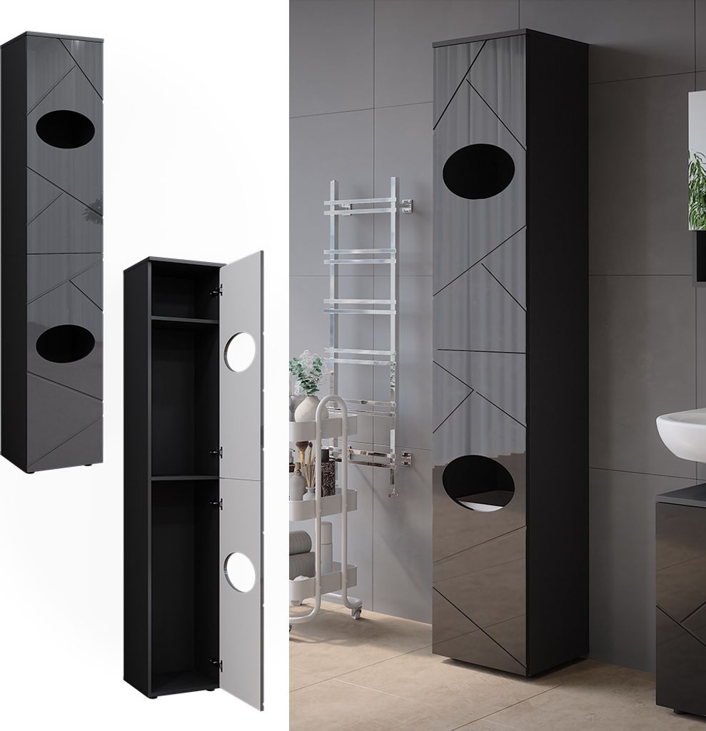 A collage of a tall, narrow cabinet with a geometric pattern and circular cutouts, shown both closed and open, and also in a bathroom setting.