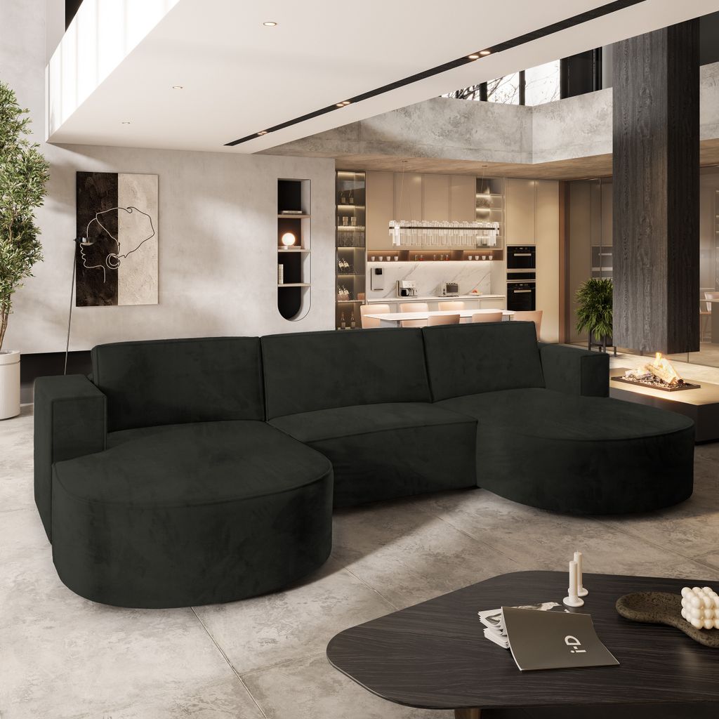 Masseno Ecksofa VEZZO M mit Schlaffunktion U-Form, Sofa mit Bettkasten, Wohnzimmersofa, Couch, Soffa, Bettsofa, Couchgarnitur- Schwarz, MONOLITH 95