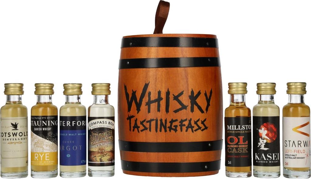 A collection of miniature whisky bottles arranged around a wooden barrel-shaped container, presented on a white background.