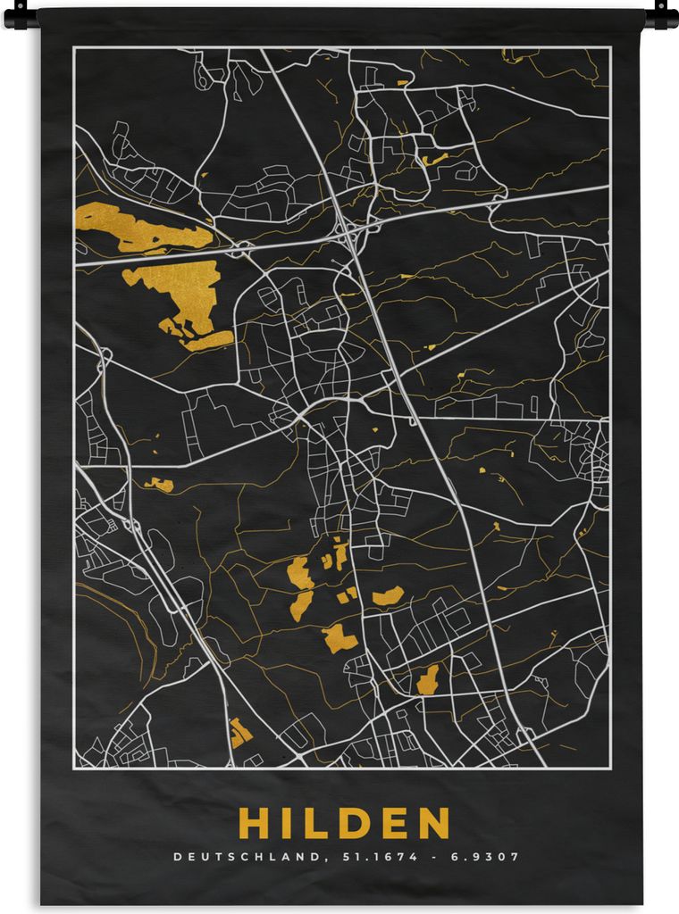 MuchoWow Wandteppich Wandbehang Deutschland - Schwarz und Gold - Hilden - Stadtplan - Karte 90x135 cm Tapisserie Dekoration Wandtuch - Baumwolle ...