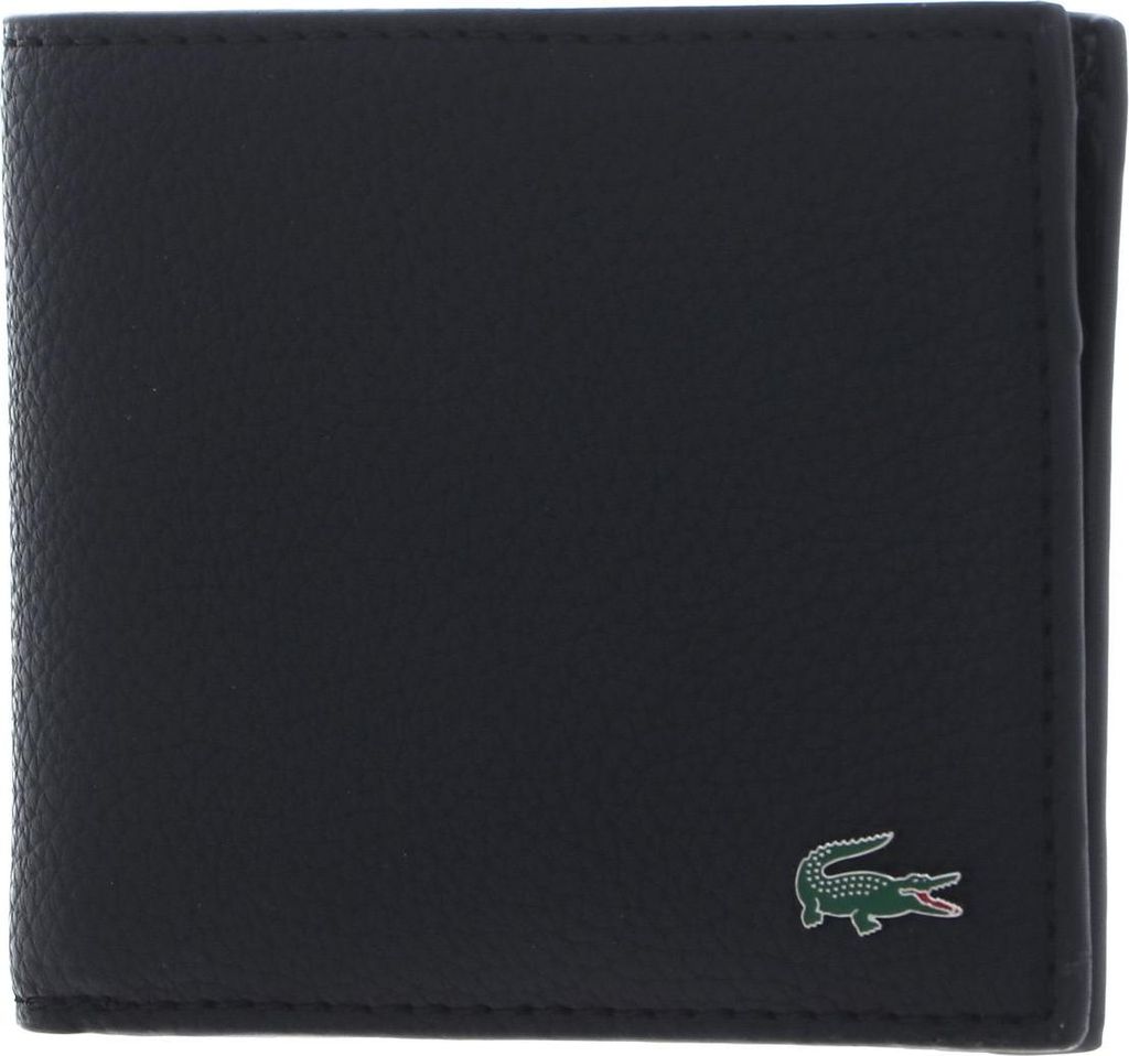 A black bi-fold wallet with a small green crocodile logo on the bottom right corner.