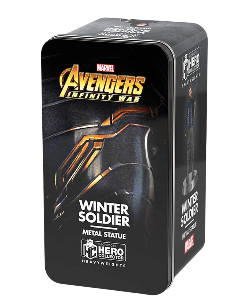 A metal tin packaging for a Winter Soldier metal statue from Marvel Avengers: Infinity War.