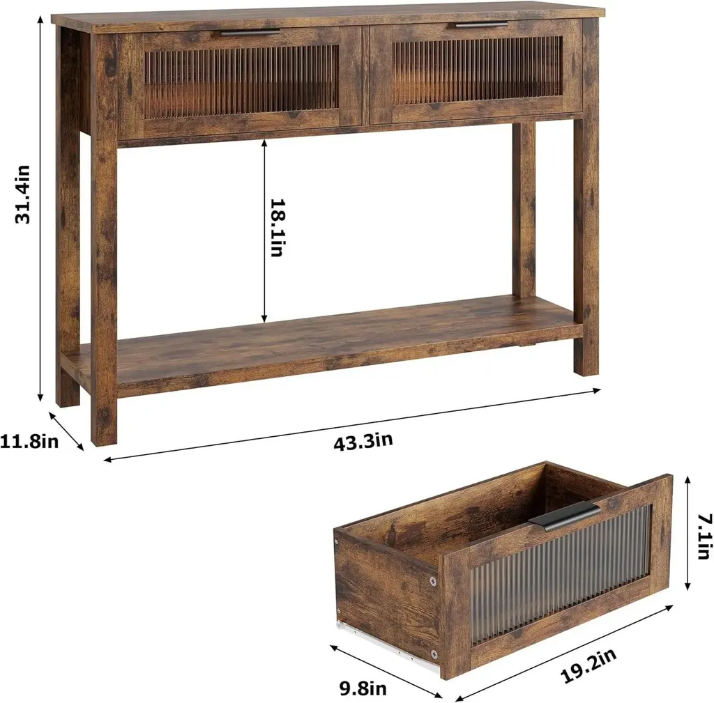 Table console bois marron rétro, design minimaliste à étagère de 100cm