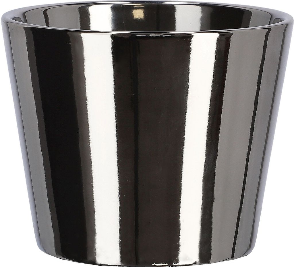 A close-up studio shot of a small, glazed ceramic pot with a metallic silver and black striped pattern.