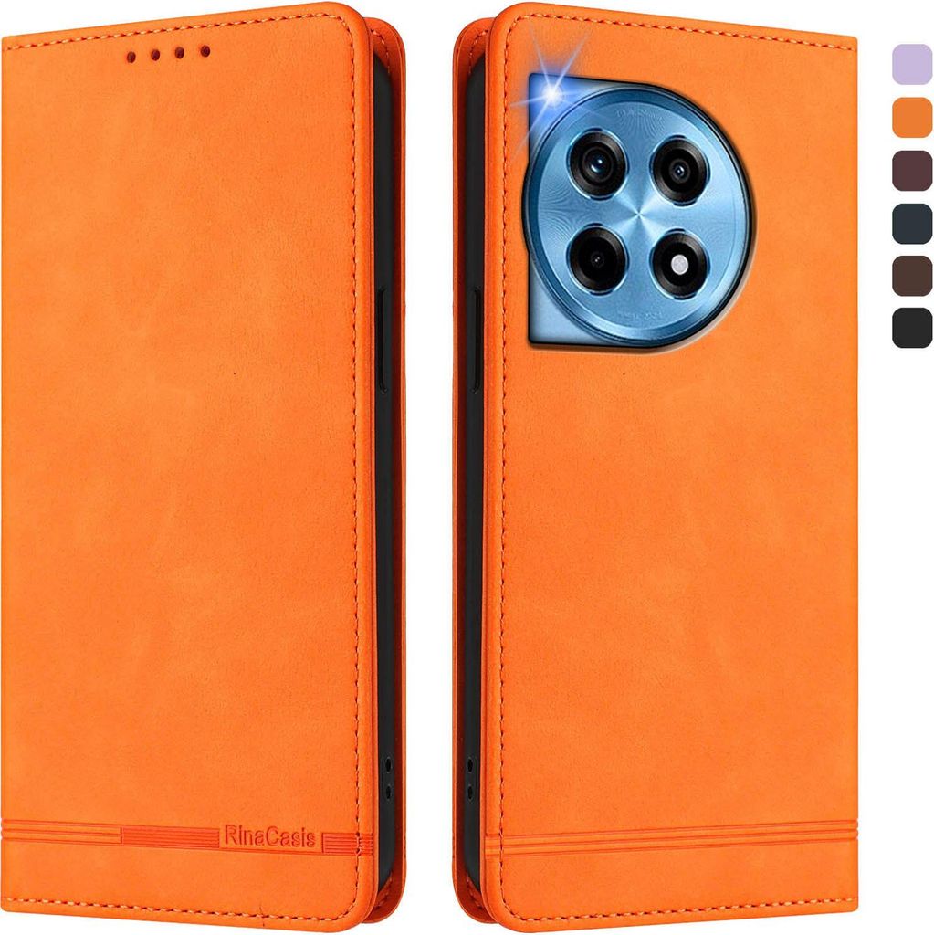 Hülle für OnePlus 12R, Retro Kunstleder Ständer Klapphülle mit Kartenfächer und Magnetische Orange