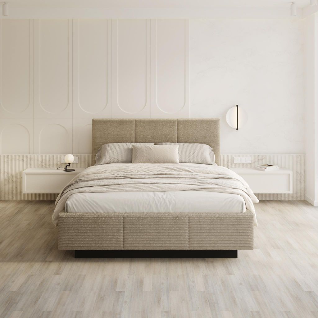 FDM Bett ALMADA Cord 160x200 cm Polsterbett mit Lattenrost aus Metall Bettkasten Stauraumbett Samt beige