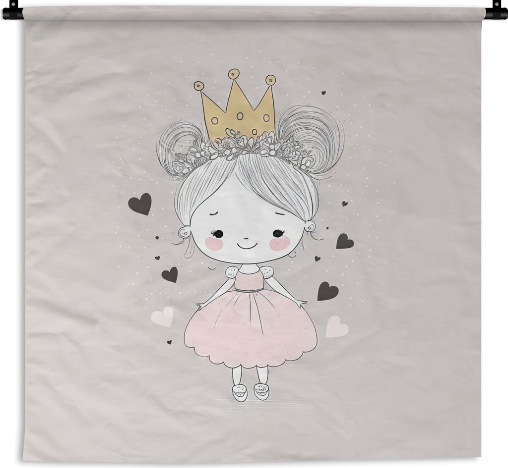 MuchoWow Wandteppich Wandbehang Prinzessin - Mädchen - Herzen - Krone - Rosa 90x90 cm Tapisserie Dekoration Wandtuch - Wandaufhänger