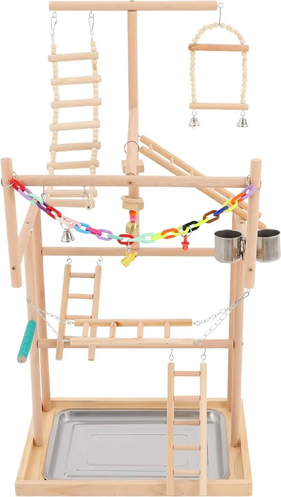 Aire de jeux perroquet 4 niveaux en bois de hêtre et acier inoxydable