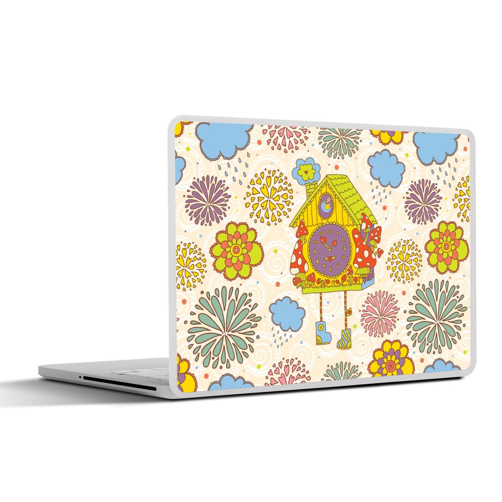 MuchoWow Laptop Aufkleber Sticker Cover Kuckucksuhr - Muster - Pilz - Blumen 25x18 cm - Laptop-Deko