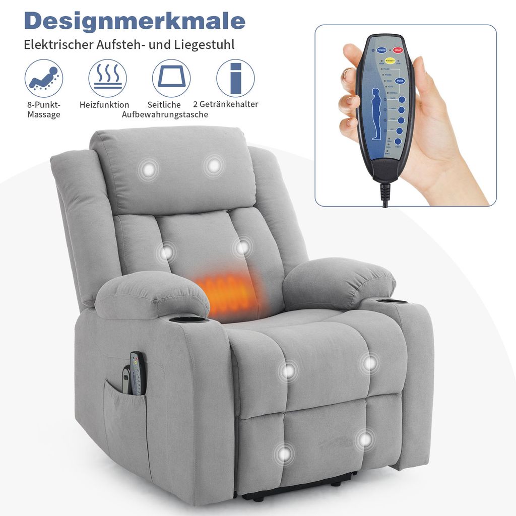 FCH Elektrisch Aufstehhilfe Massagesessel mit Massage Wärmefunktion, Ruhesessel mit Becherhalter, Fernbedienung und Seitentasche, TV Sessel,Grau
