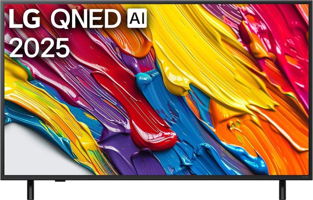 A television screen displaying a colorful abstract painting.